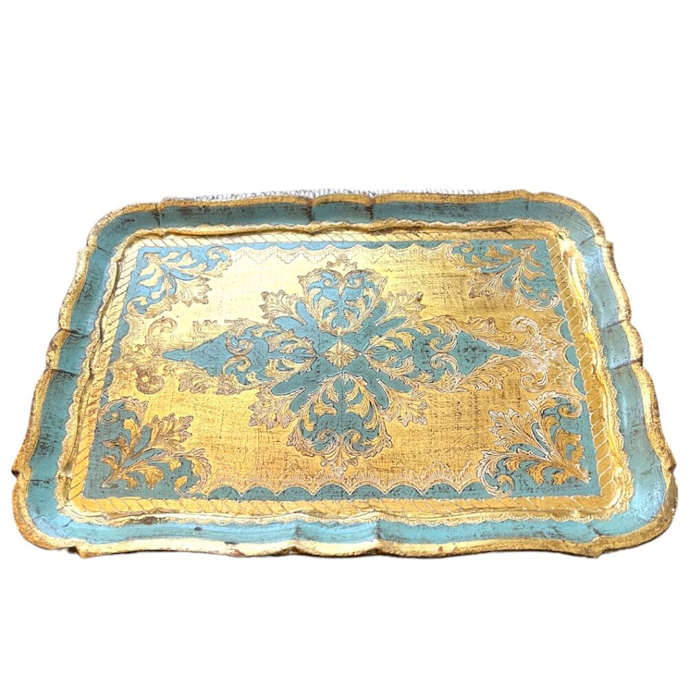 Vtg Florentine Gold Giltwood Tray – Blue & Gold Italian Hollywood Regency Tray